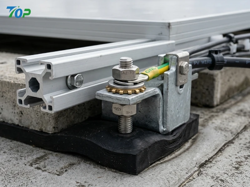 Macro detail of SUS304 stainless steel clamp and EPDM waterproof pad on ballast solar mounting system